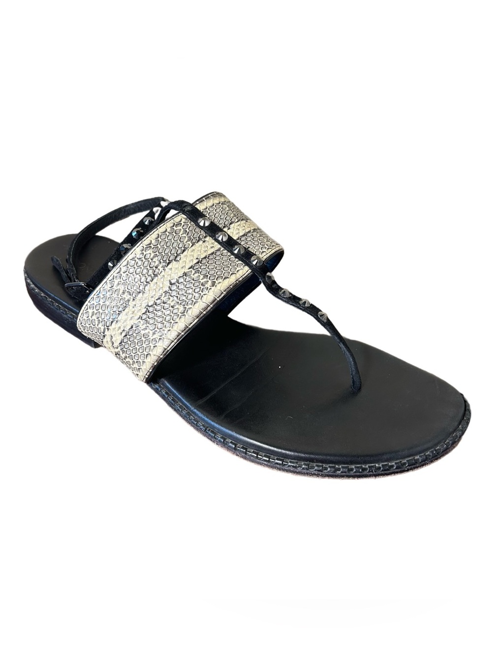 Donald Pliner Sandals Sz 11 Black and Snake Print Leather Thong with Ankle Strap
